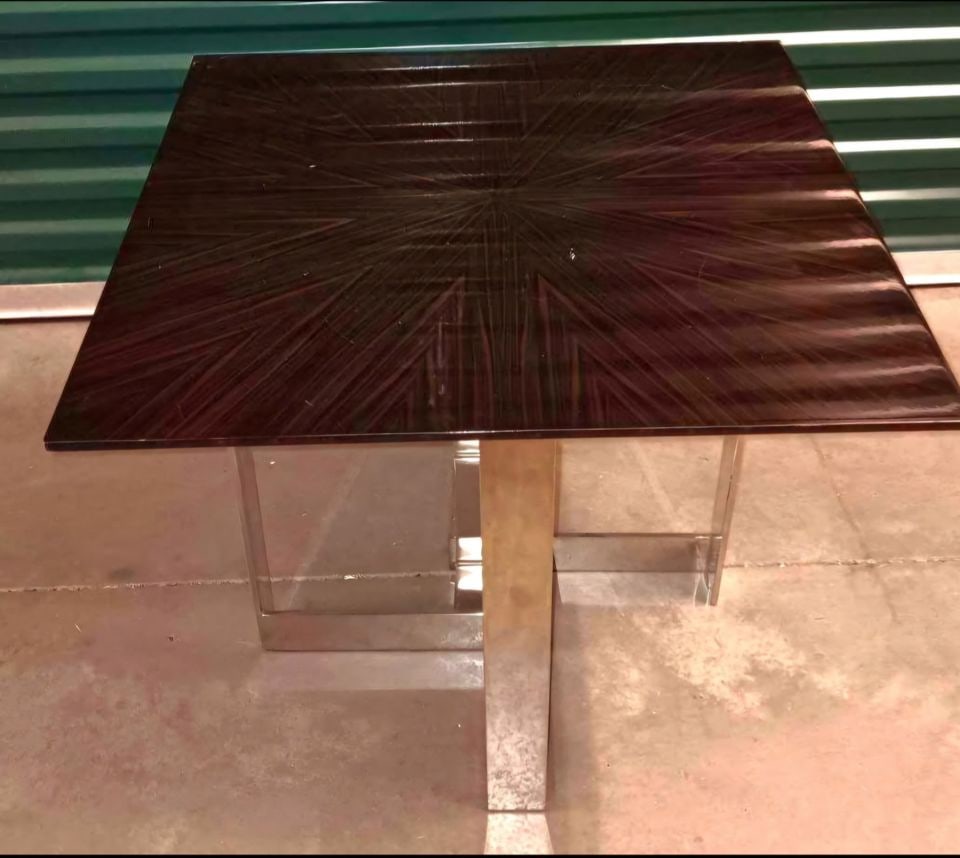 Rare Mid-Century Tessellated lacquered wood & chromed steel accent / side table after Milo Baughman: Title: Rare Mid-Century Tessellated lacquered wood & chromed steel accent / side table after Milo Baughman Description: Rare Mid-Century Tessellated lacquered wood & chromed steel accent / side table