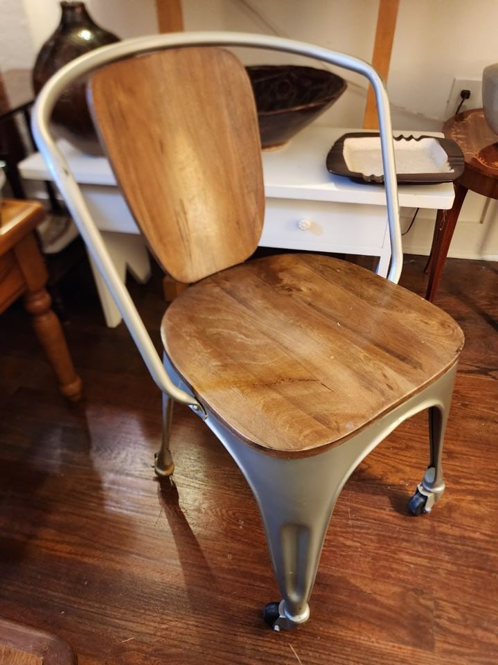 Great Vintage Industrial metal and wood side chair one rollers (1 of 1)