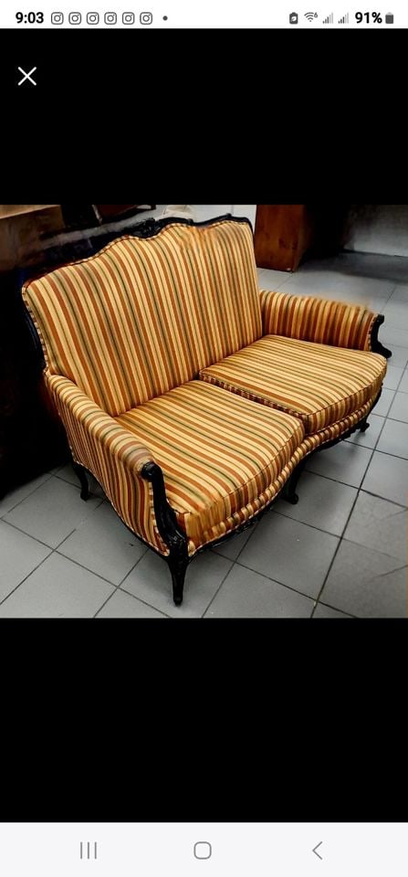 Antique Country French Provincial Louis XV Style Serpentine Settee w/ bold striped silk fabric. (1 of 1)