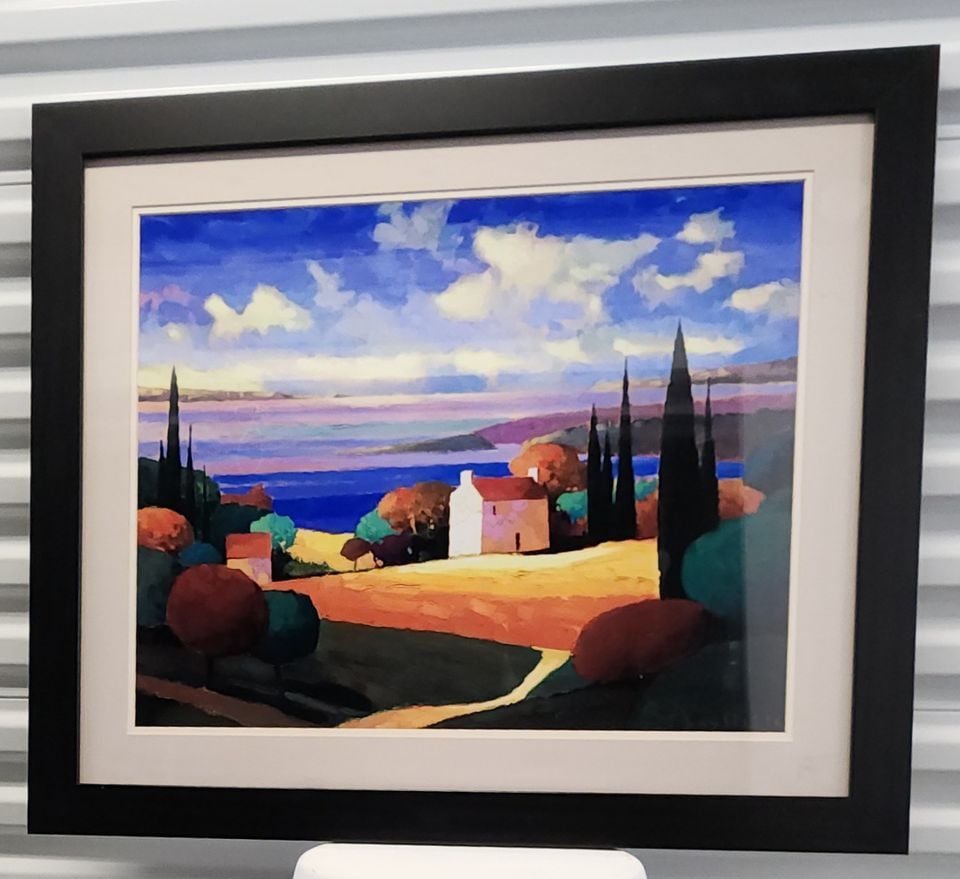 ( Set 2 of 2) Max Hayslette "Provence by the Sea II" signed Ltd Edition 30x24 seriograph of vibrant: Title: ( Set 2 of 2) Max Hayslette "Provence by the Sea II" signed Ltd Edition 30x24 seriograph of vibrant color landscape Description: This work depicts a dream-type landscape with a white house, rol