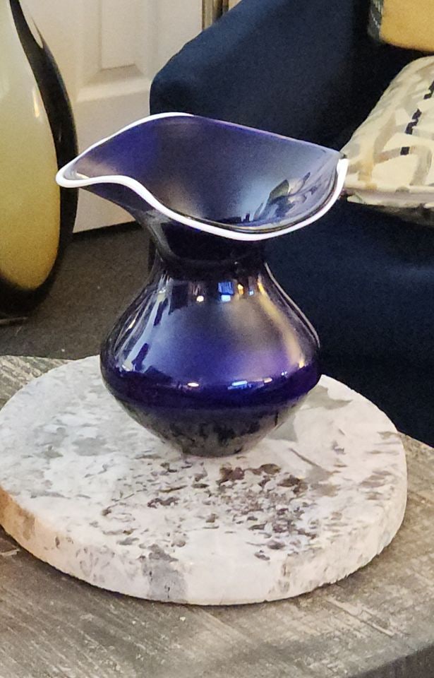 Striking Mid-Century 8.5D x 9H Cobalt Blue Art Glass Sculptural Murano Vase w/ Elegant White Piping - 8