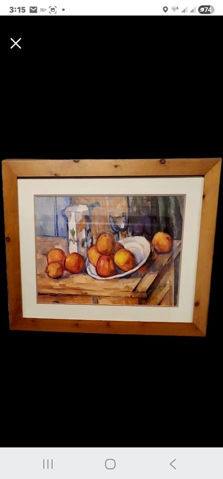 Paul Cézanne vintage framed print of his iconic 1900 painting "Still Life with Milk Jug and: Title: Paul Cézanne vintage framed print of his iconic 1900 painting "Still Life with Milk Jug and Fruit". Description: This vintage print is beautifully framed under glass in a wonderful natural
