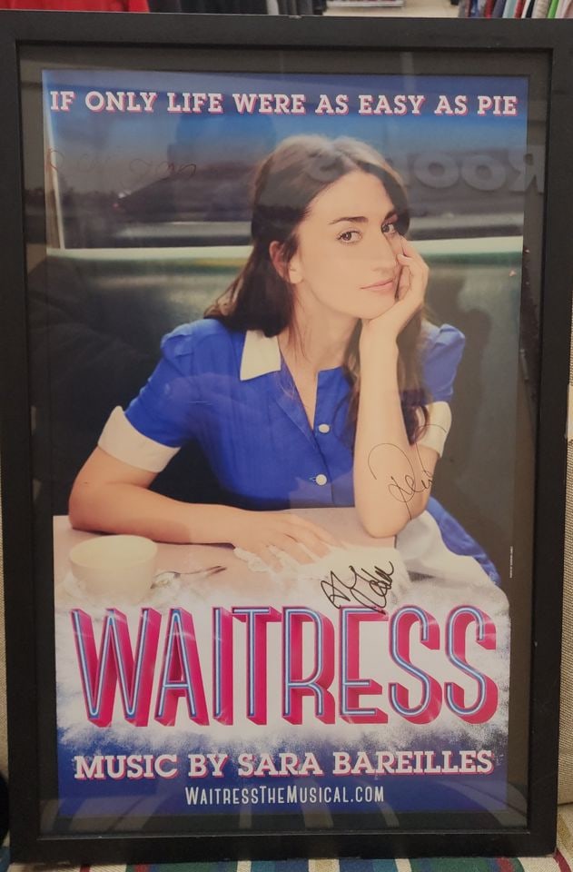 Rare autographed collectible poster for 2016 Broadway hit "Waitress" signed by star, Sara Bareilles: Title: Rare autographed collectible poster for 2016 Broadway hit "Waitress" signed by star, Sara Bareilles Description: This framed work is a Broadway window card poster for the musical Waitress, feat
