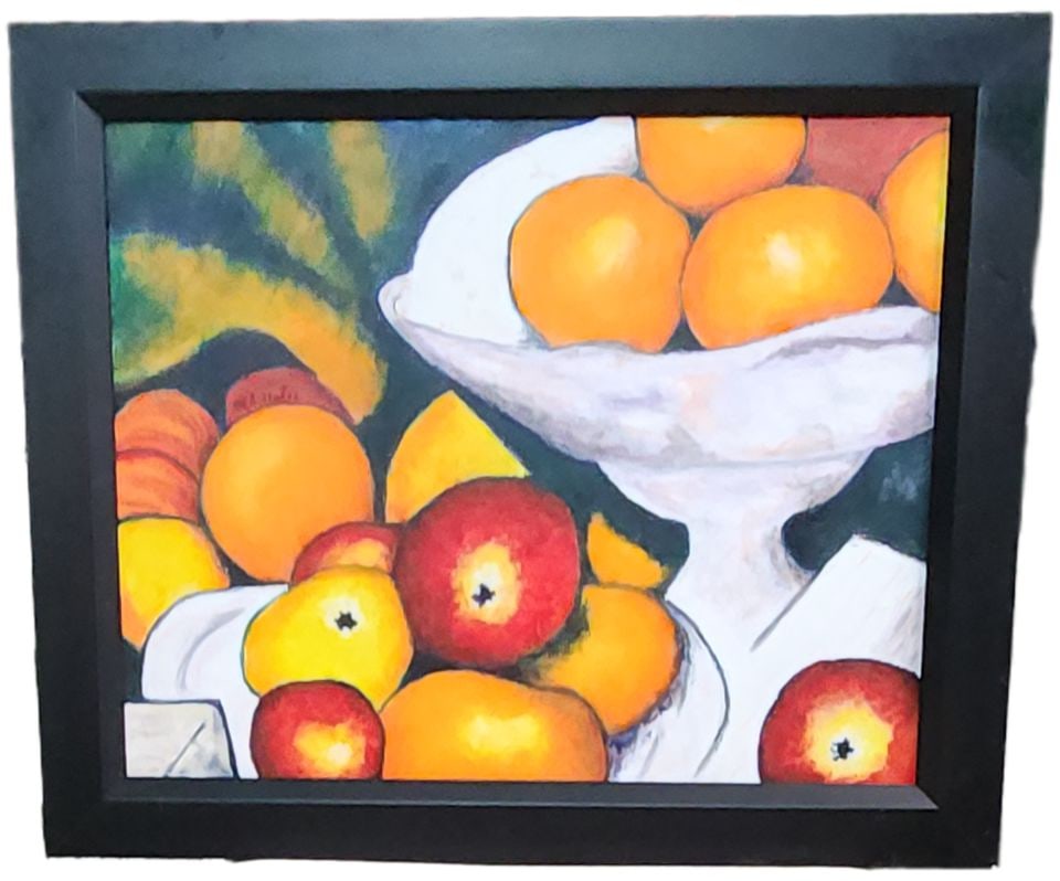 M.S. Gates signed oil painting with image from Cezanne's 1899 work "Life with Apples and Oranges": Title: M.S. Gates signed oil painting with image from Cezanne's 1899 work "Life with Apples and Oranges" Circa 2005 Description: M.S. Gates signed oil painting with image from Cezanne's 1899 work "Lif
