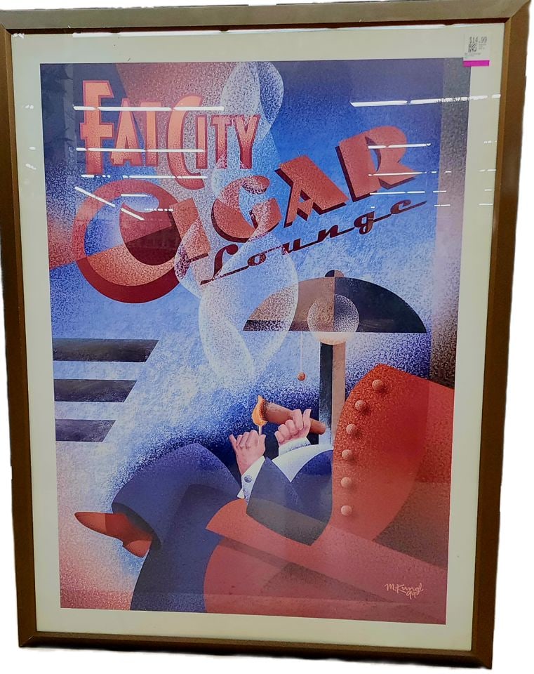 Large vintage art poster titled "Fat City Cigar Lounge" by Michael Kungl. Well framed under glass.: Title: Large vintage art poster titled "Fat City Cigar Lounge" by Michael Kungl. Well framed under glass. Description: Large vintage art poster titled "Fat City Cigar Lounge" by Michael Kungl. Well fr