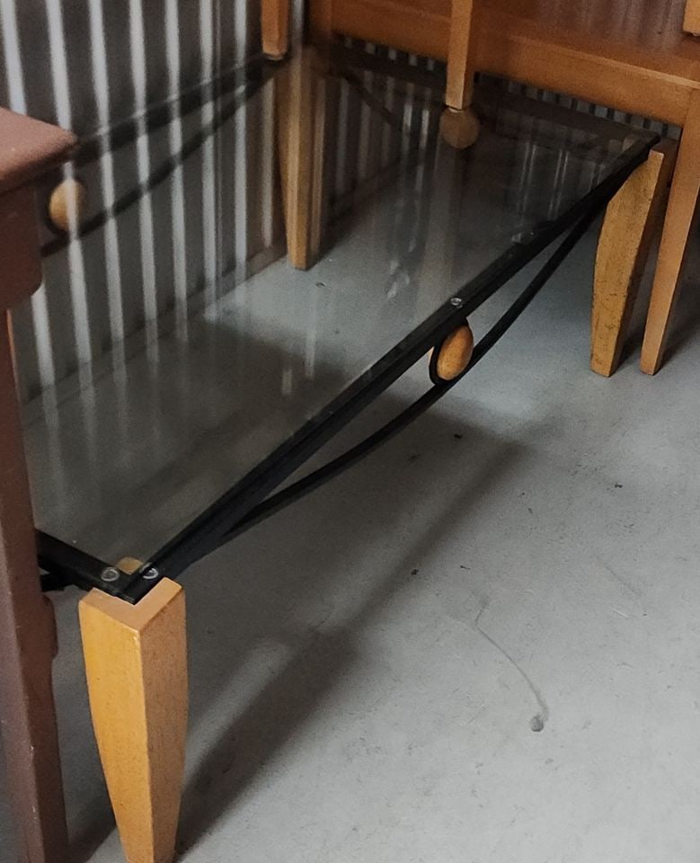 Memphis Style glass top modern living room set w/ coffee table and two side tables. Deco influenced. (1 of 4)