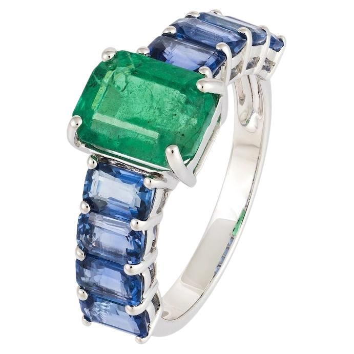 Stylish Emerald Blue Sapphire White 18K Gold Band Ring for Her - 5