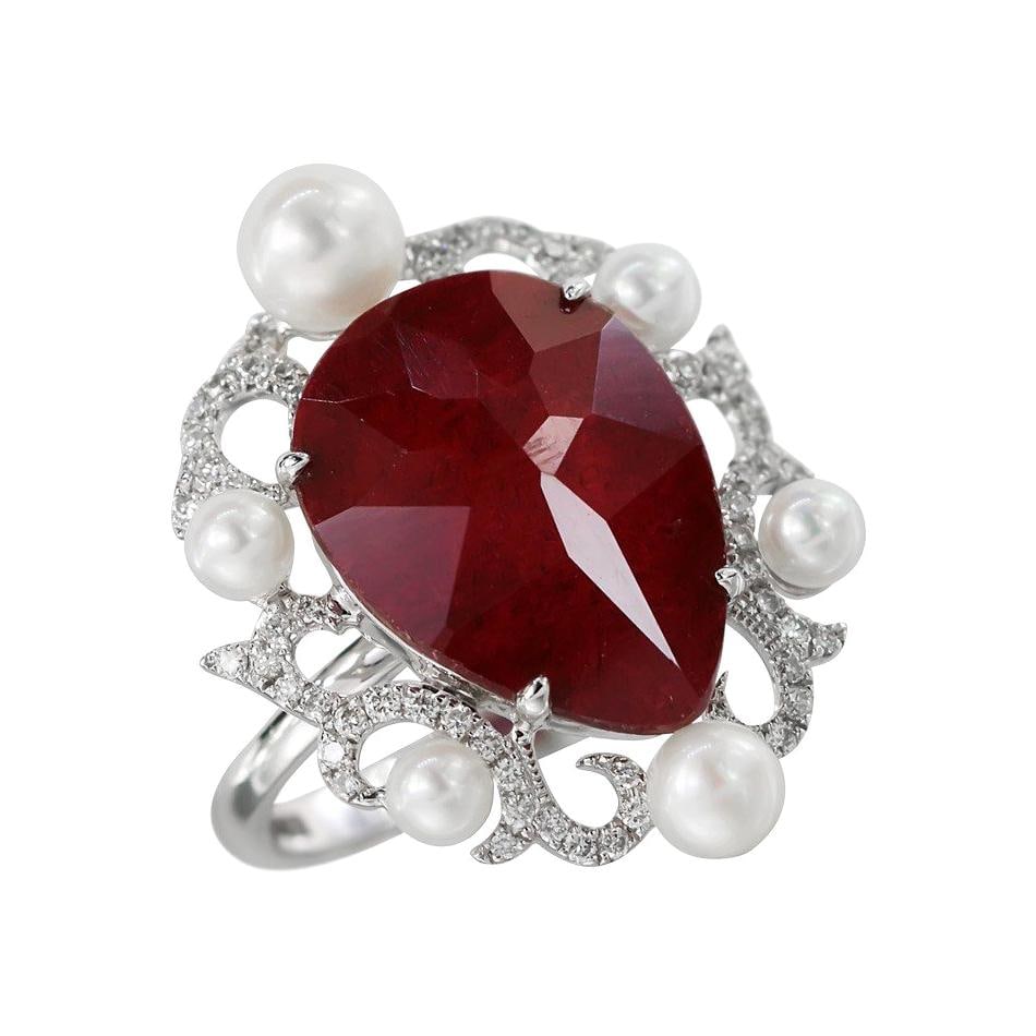 Natkina Pearl Ruby Diamond White Gold Baroque Fashion Ring - 14
