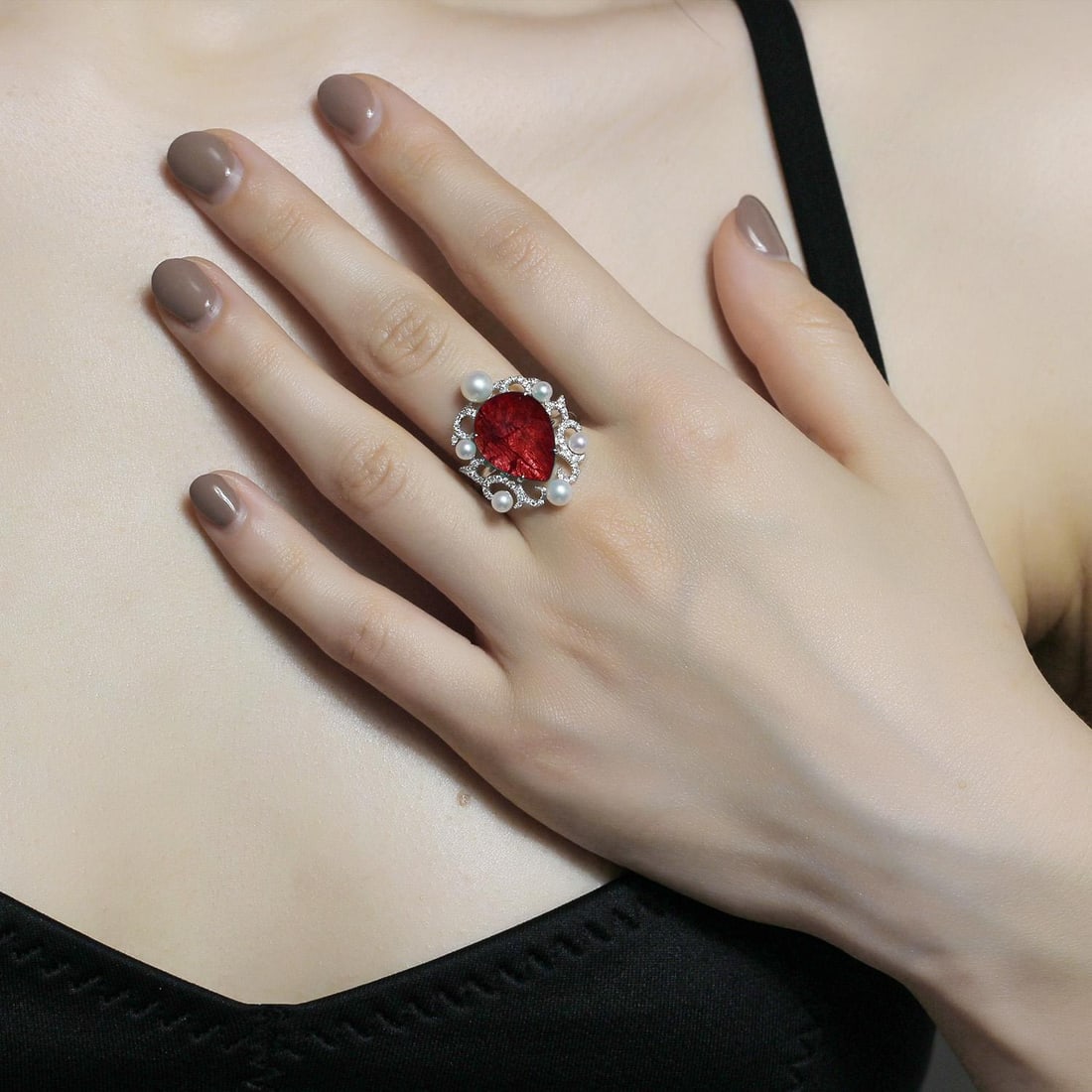 Natkina Pearl Ruby Diamond White Gold Baroque Fashion Ring - 16