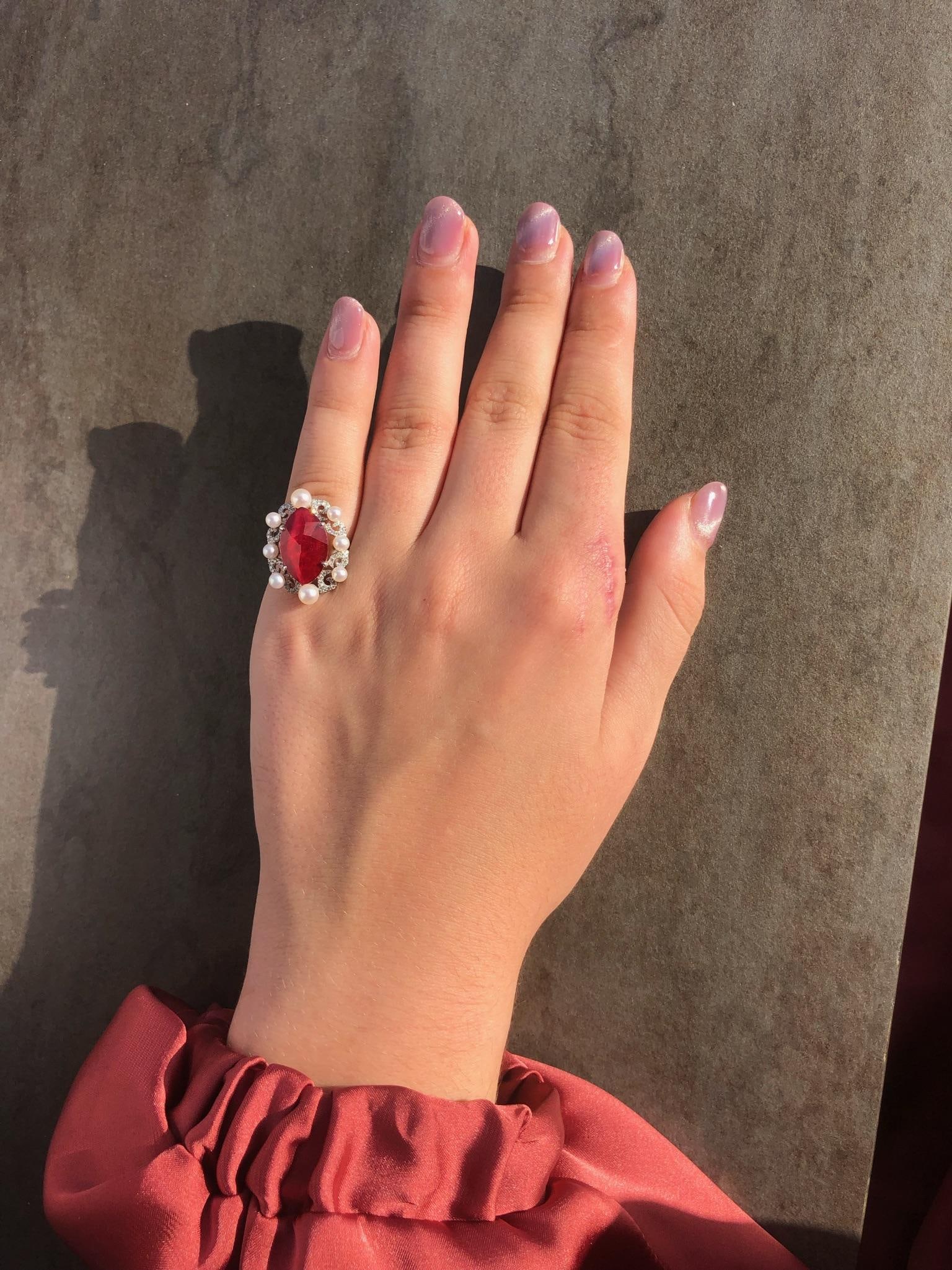 Natkina Pearl Ruby Diamond White Gold Baroque Fashion Ring - 4