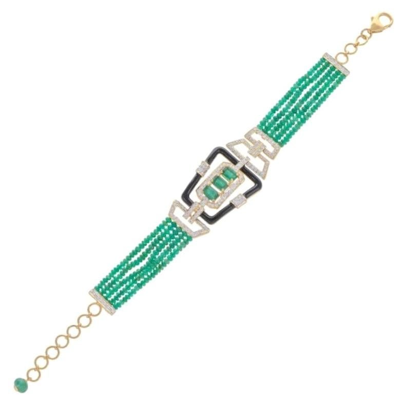 Delicate Natural Emerald Yellow Gold Black Enamel Bracelet for Her: Title: Delicate Natural Emerald Yellow Gold Black Enamel Bracelet for Her Description: 20.33 Carat Emerald Black Enamel Diamond 18 Karat Yellow Gold Bead Bracelet This astonishing five strand 18.64