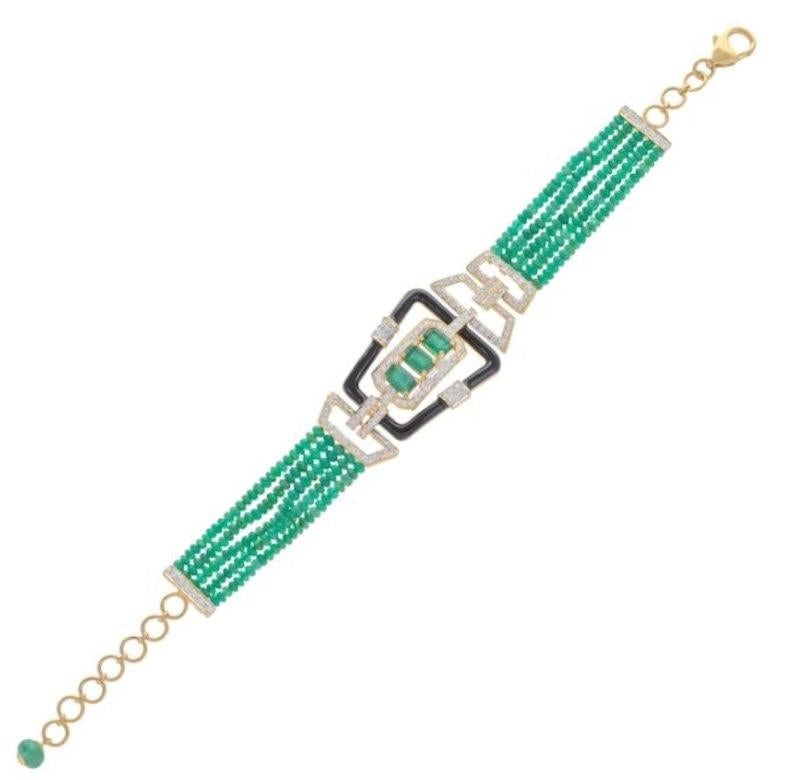 Delicate Natural Emerald Yellow Gold Black Enamel Bracelet for Her - 2