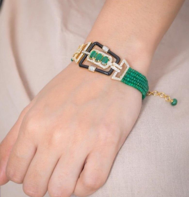 Delicate Natural Emerald Yellow Gold Black Enamel Bracelet for Her - 4
