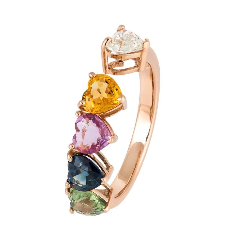 Fashion Everyday Diamond Multi Sapphire Rose 18K Gold Ring for Her - 3
