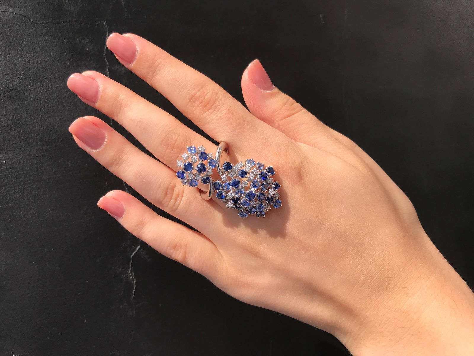 Precious Blue, Purple Sapphire White Diamond 18 Karat Gold Flower Statement Ring - 3