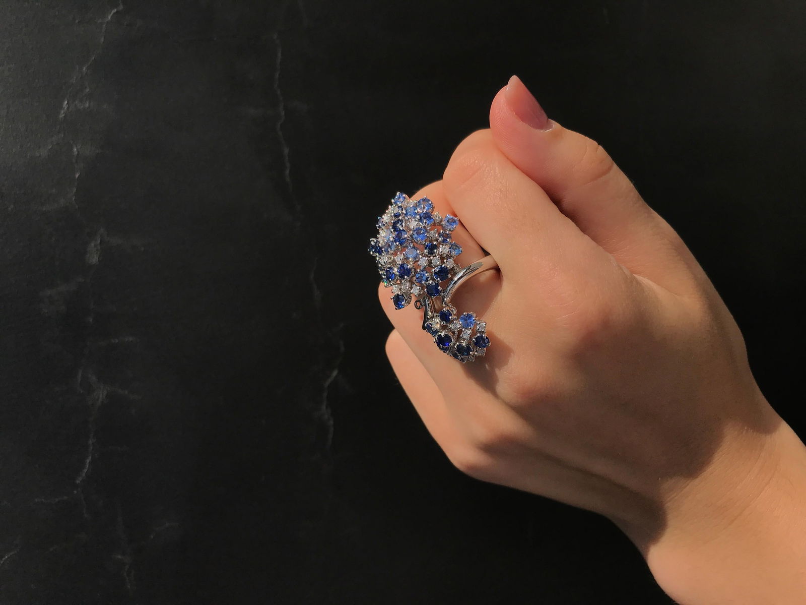 Precious Blue, Purple Sapphire White Diamond 18 Karat Gold Flower Statement Ring - 4