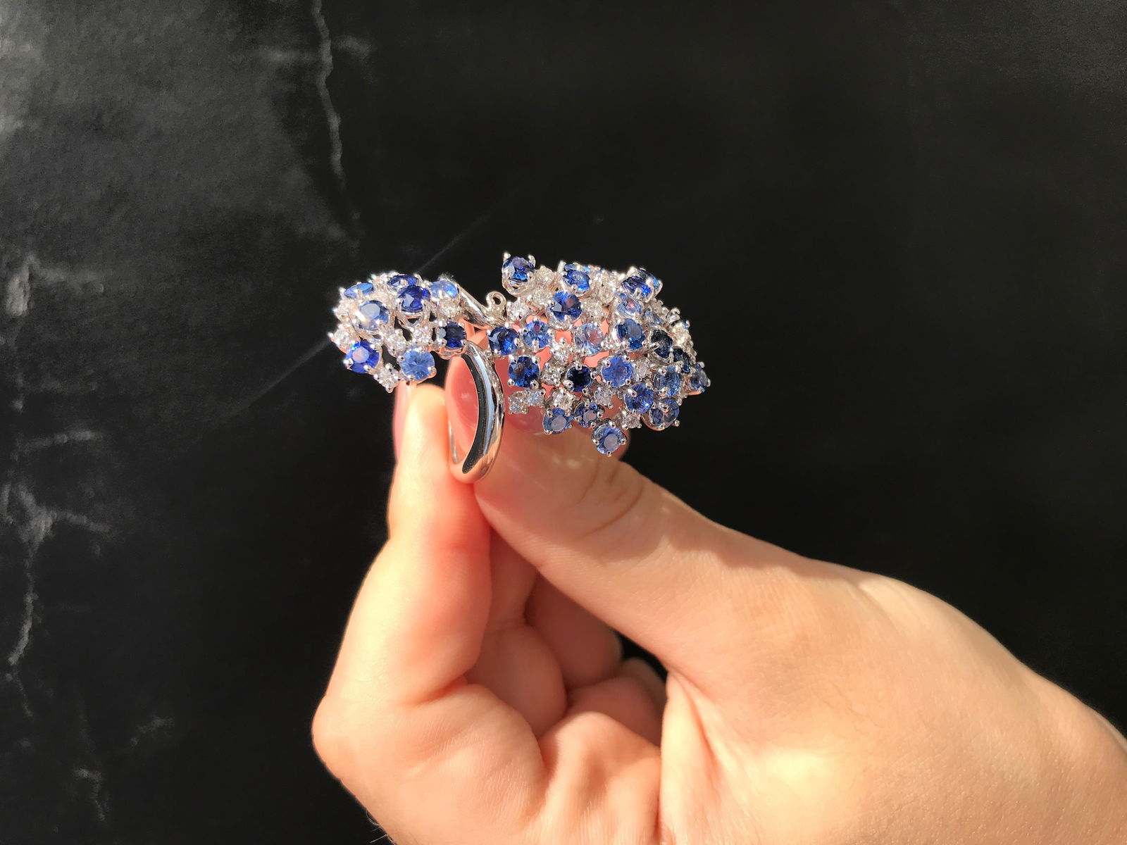 Precious Blue, Purple Sapphire White Diamond 18 Karat Gold Flower Statement Ring - 5