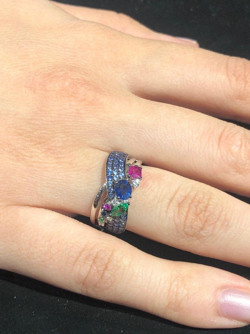 Natkina Blue Multi Sapphire Ruby Tsavorite Diamond Cocktail White Gold Ring - 4