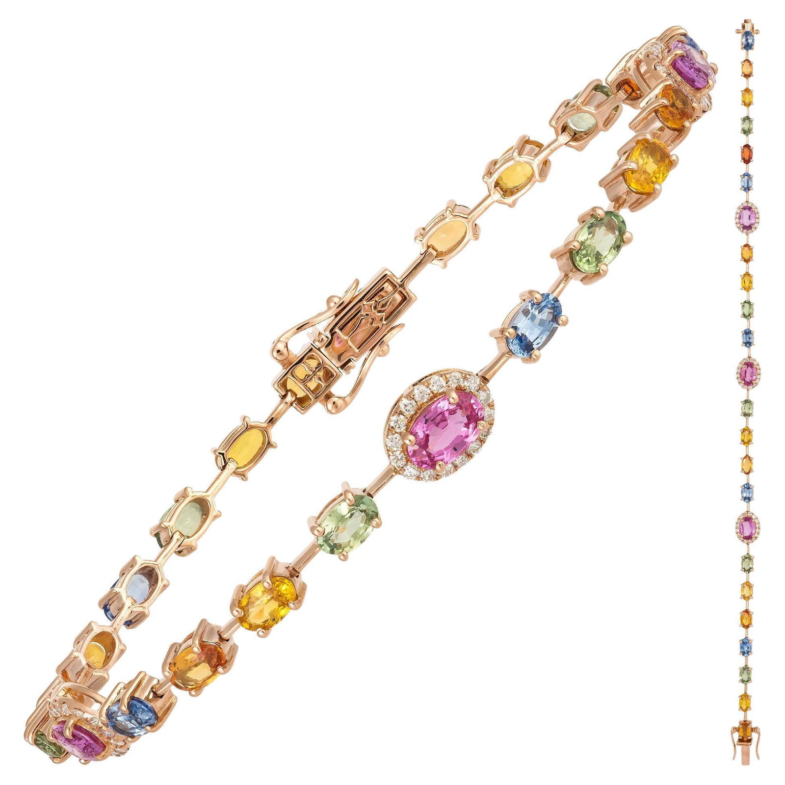 Unique Pink Gold 18K Multi Sapphires Bracelet Diamond for Her: Title: Unique Pink Gold 18K Multi Sapphires Bracelet Diamond for Her Description: BRACELET 18K Pink Gold Diamond 0.31 Cts/48 Pcs Multi Sapphire 6.30 Cts/21 Pcs Pink Sapphire 1.52 Cts/3 Pcs Reserve: