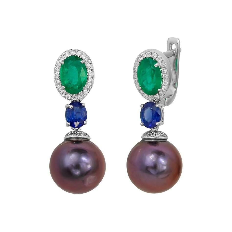 Rare Emerald Sapphire Tahiti Pearl Lever-Back Three-Stone Gold Earrings: Title: Rare Emerald Sapphire Tahiti Pearl Lever-Back Three-Stone Gold Earrings Description: Diamond 76-0,27ct-VVS1 Emerald 2 - Oval-1,87ct 3 / (5) Z1A Tahiti Pearl d10,0-10,5ct 2-18,2 ct Blue