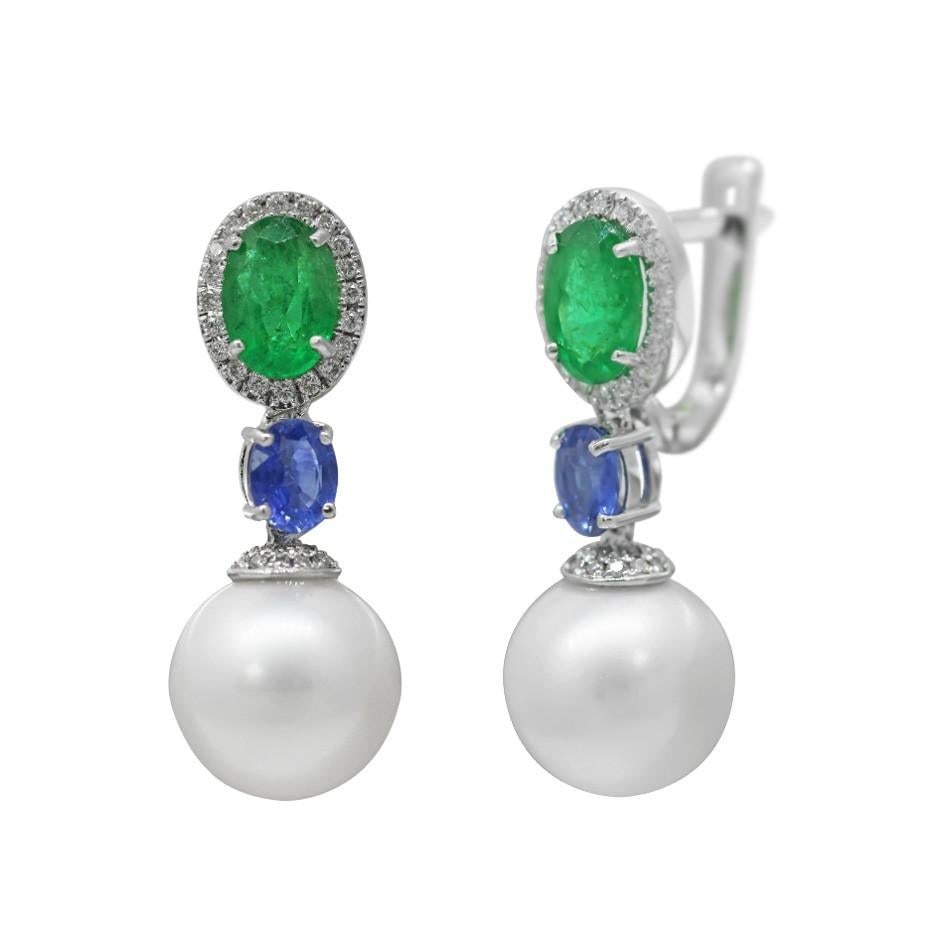 Rare Emerald Sapphire Tahiti Pearl Lever-Back Three-Stone Gold Earrings - 4