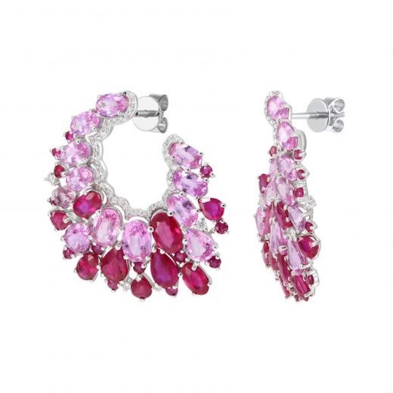 Fabulous Ruby Pink Sapphire White Gold Diamond Dangle Stud Earrings for Her: Title: Fabulous Ruby Pink Sapphire White Gold Diamond Dangle Stud Earrings for Her Description: Earrings White Gold 14 K Diamond 90-RND 57-0,36-4/6 Ruby 26-RND-0,67 (3)/3 Ruby 8-Oval-2,92 (3)/3 Ruby