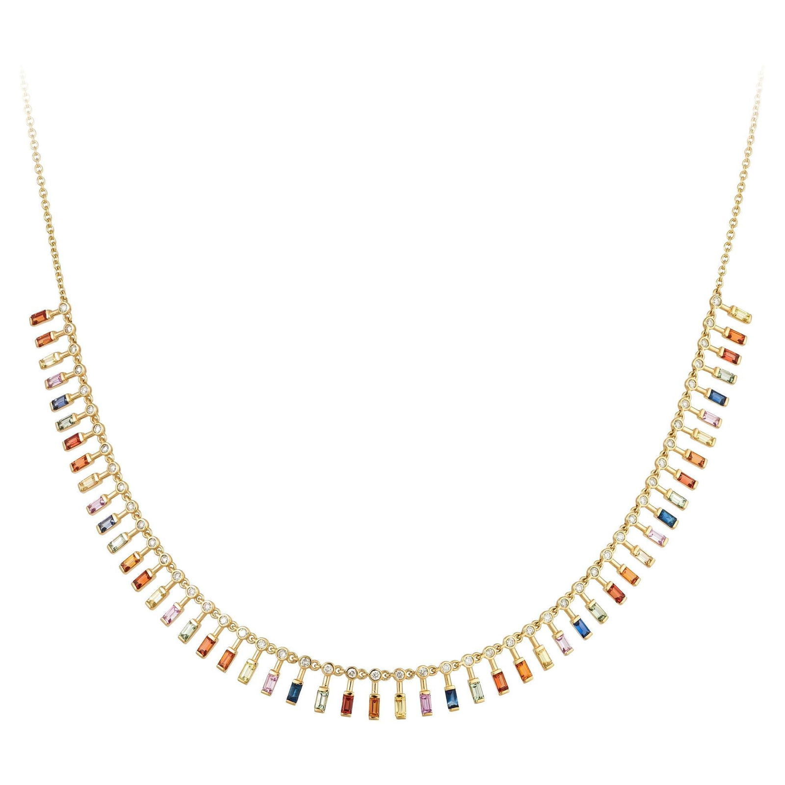Rainbow Yellow Gold 18K Necklace Multi Sapphire Diamond for Her: Title: Rainbow Yellow Gold 18K Necklace Multi Sapphire Diamond for Her Description: NECKLACE 18K Yellow Gold Diamond 0.71 Cts/50 Pcs Multi Sapphire 3.94 Cts/50 Pcs Reserve: $2,660.00 Shipping: Domesti