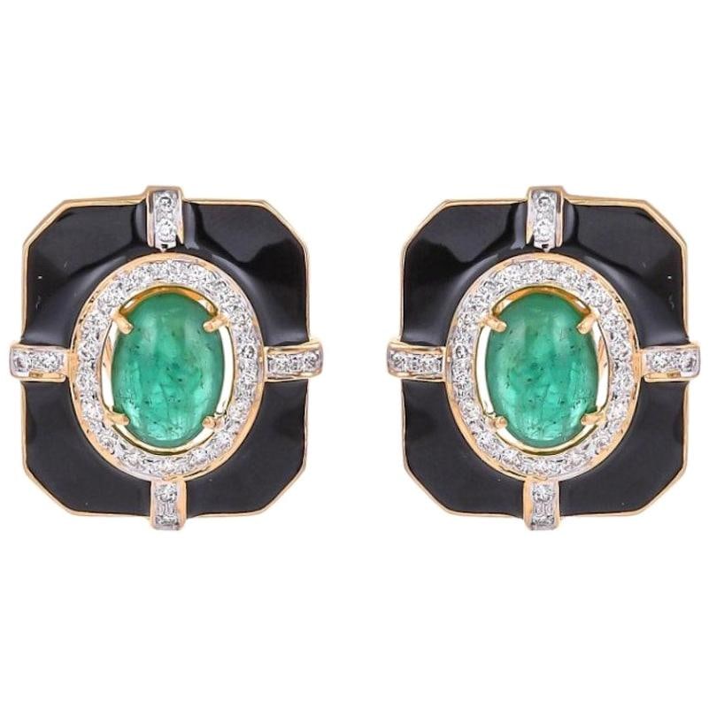 Delicate Natural Emerald Yellow Gold Black Enamel Lever, Back Earrings for Her (1 of 4)