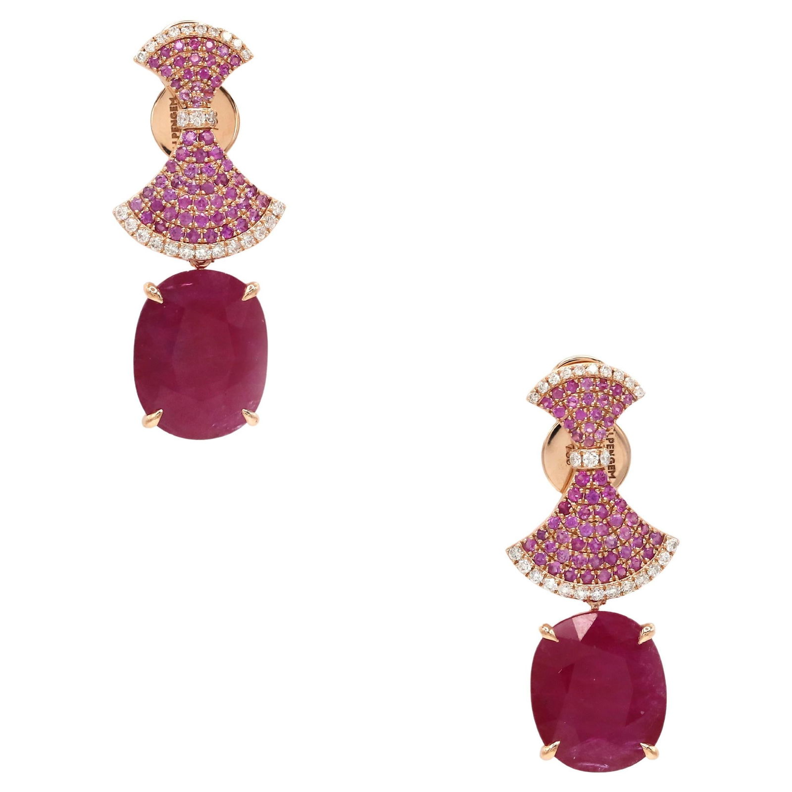 Dangle Pink Sapphire Ruby Diamond 18K Rose Gold Exclusive Earrings For Her: Title: Dangle Pink Sapphire Ruby Diamond 18K Rose Gold Exclusive Earrings For Her Description: EARRINGS 18K Rose Gold (Matching Ring Available) Weight 6.67 GMS Ruby-2/14.47 CTS Pink Sapphire-118/0.875