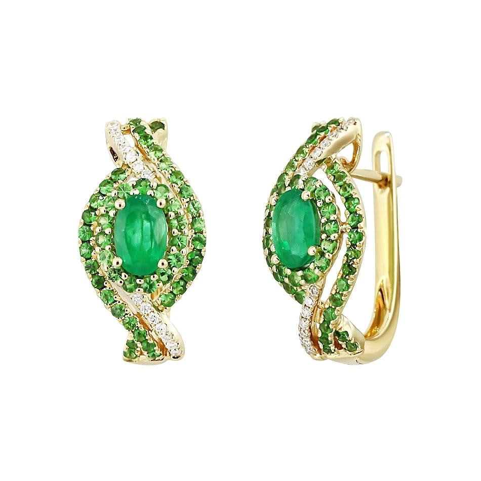 Fashion Emerald Tsavorite Diamond Yellow Gold Earrings: Title: Fashion Emerald Tsavorite Diamond Yellow Gold Earrings Description: Yellow Gold 14K Earrings Diamond 28-RND-0,09-G/VS1A Emerald 2-0,95ct Tsavorite 92-0,74ct Weight 4.33 grams With a heritage of
