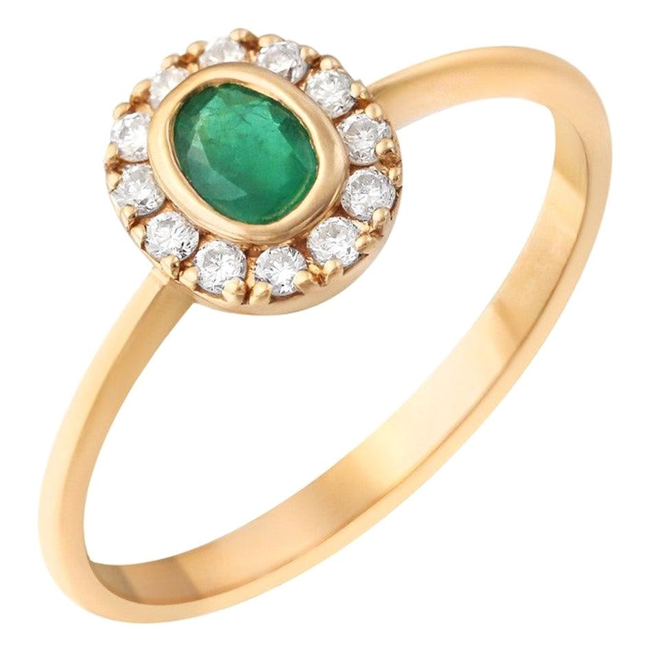Natkina Green Emerald Diamond Precious Yellow Gold Ring: Title: Natkina Green Emerald Diamond Precious Yellow Gold Ring Description: Ring Yellow Gold 14 K (Matching Earrings Available) Diamond 12-RND 57-0,16-4/5A Emerald 1-Oval-0,29ct-4/(4) Weight 1,72 gram
