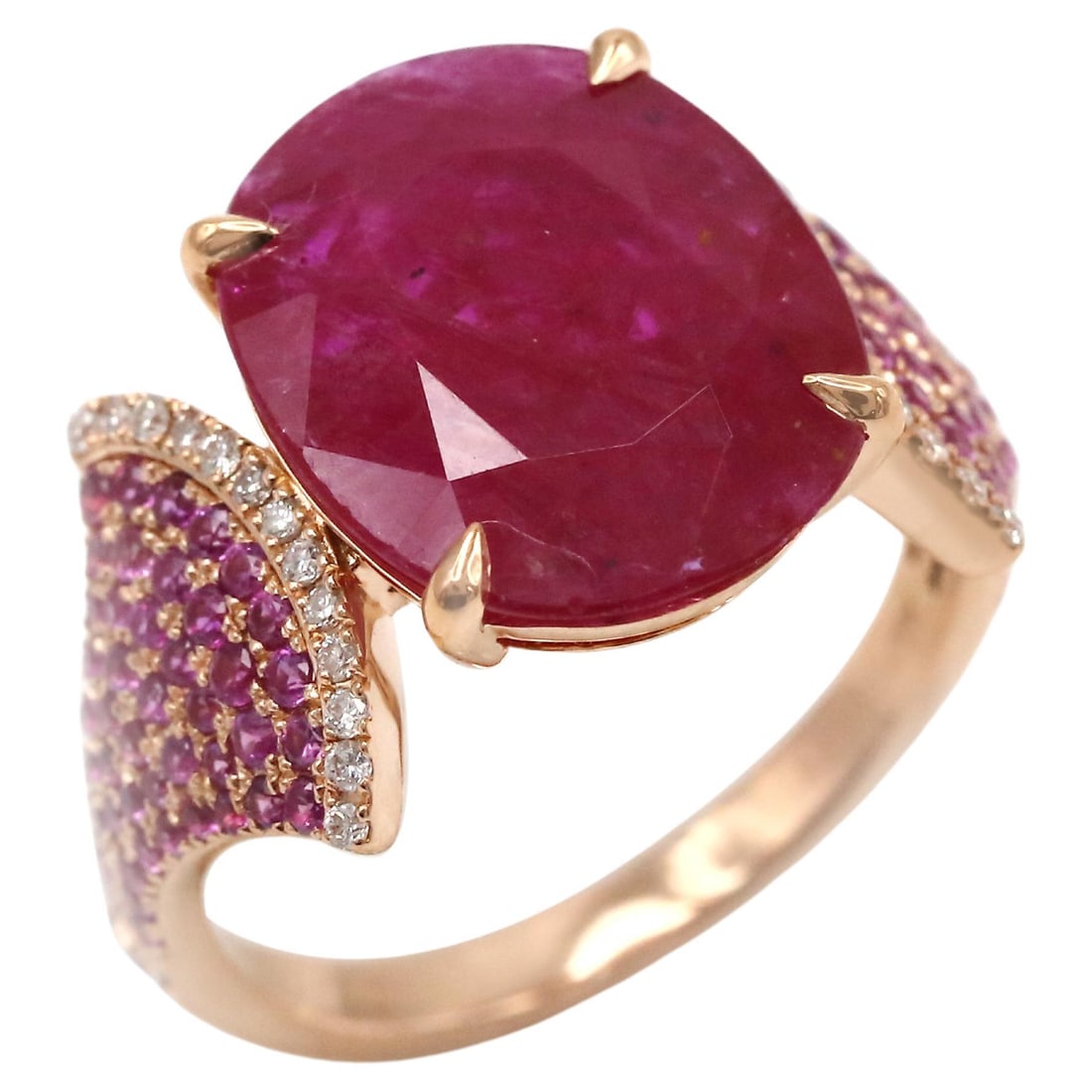 Dangle Ruby Dimond Pink Sapphire 18K Rose Gold Exclusive Ring For Her: Title: Dangle Ruby Dimond Pink Sapphire 18K Rose Gold Exclusive Ring For Her Description: Ring 18K Rose Gold (Matching Earrings Available) Weight 3,9 GMS Ruby-1/5.13 Cts Pink Sapphire-88/0.6 Cts