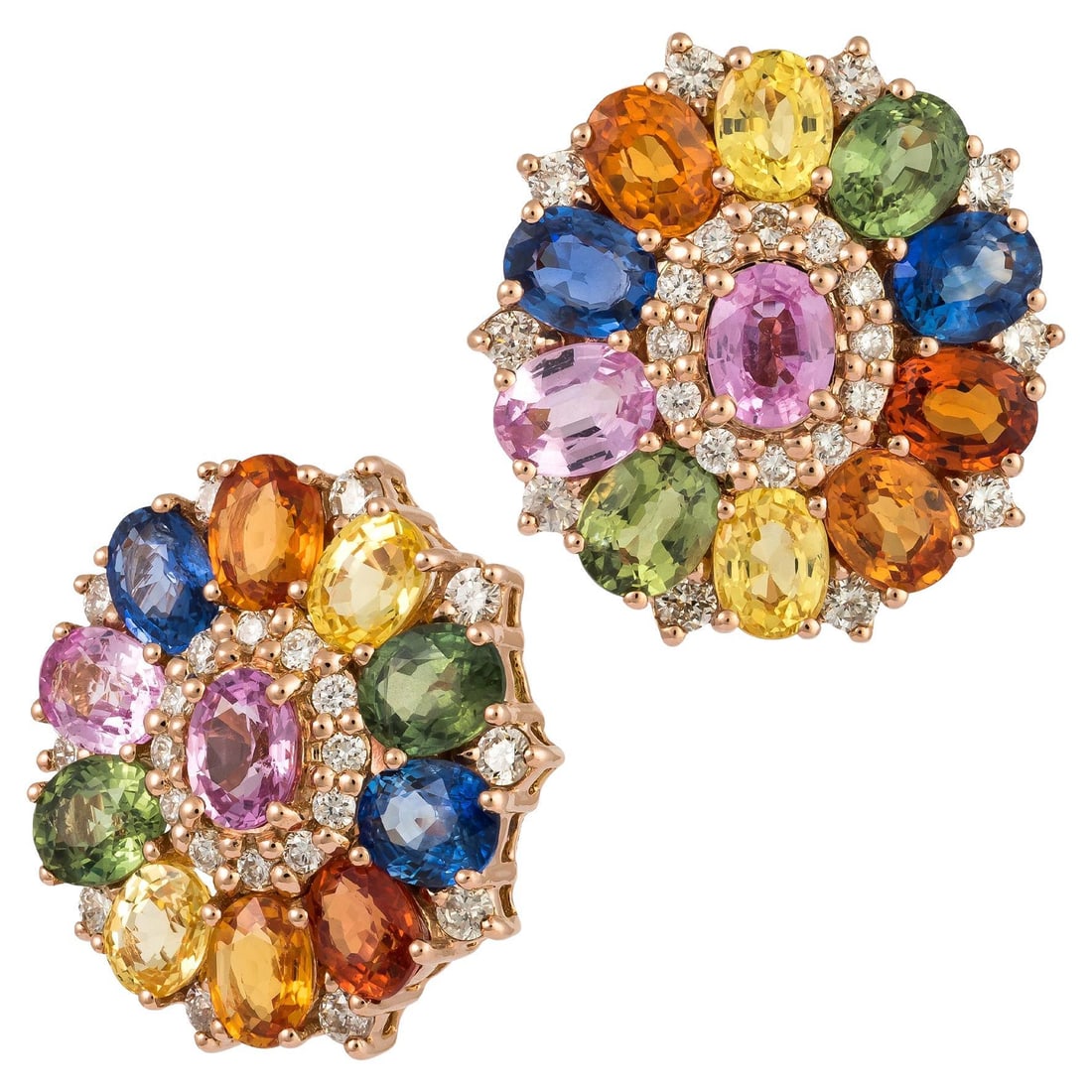 Stunning Multi Sapphire Pink Gold 18K Earrings Diamond For Her: Title: Stunning Multi Sapphire Pink Gold 18K Earrings Diamond For Her Description: EARRING 18K Pink Gold Diamond 0.78 Cts/44 Pcs Multi Sapphire 6.61 Cts/22 Pcs Reserve: $1,939.00 Shipping: Domestic:&#