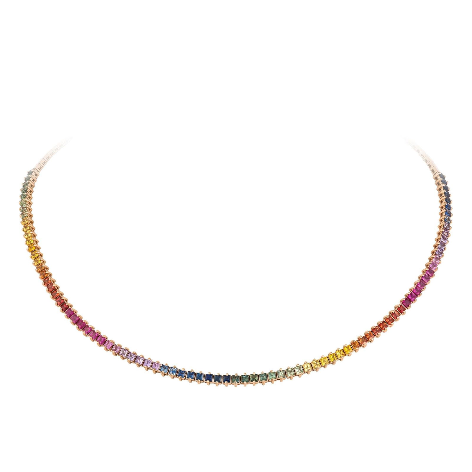 Stylish Multi Sapphire 18 Karat Rose Gold Necklace Choker for Her: Title: Stylish Multi Sapphire 18 Karat Rose Gold Necklace Choker for Her Description: NECKLACE 18K Rose Gold Multi Sapphire 10.42 Cts/86 Pcs With a heritage of ancient fine Swiss jewelry traditions,