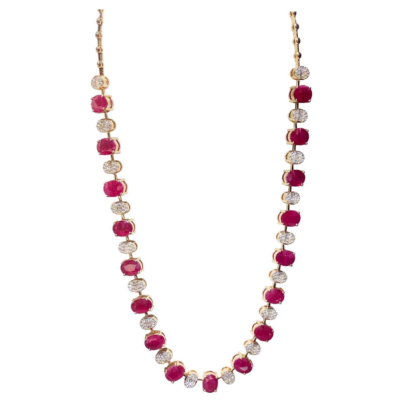 Stunning Ruby Diamond 18K Yellow Gold Necklace for Her: Title: Stunning Ruby Diamond 18K Yellow Gold Necklace for Her Description: White 18K Gold Necklace With a heritage of ancient fine Swiss jewelry traditions, NATKINA is a Geneva-based jewelry brand