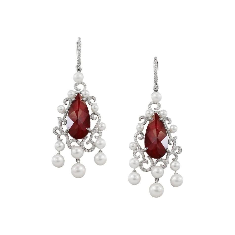 Natkina Pearl Ruby Diamond White Gold Baroque Chandelier Drop Earrings: Title: Natkina Pearl Ruby Diamond White Gold Baroque Chandelier Drop Earrings Description: Diamond 212- 0.89ct VS1 Diamond 2-0.02 ct VS1 Doublet: Rock crystal/ Ruby 2-8.28 ct Pearl d 24-15.74 14