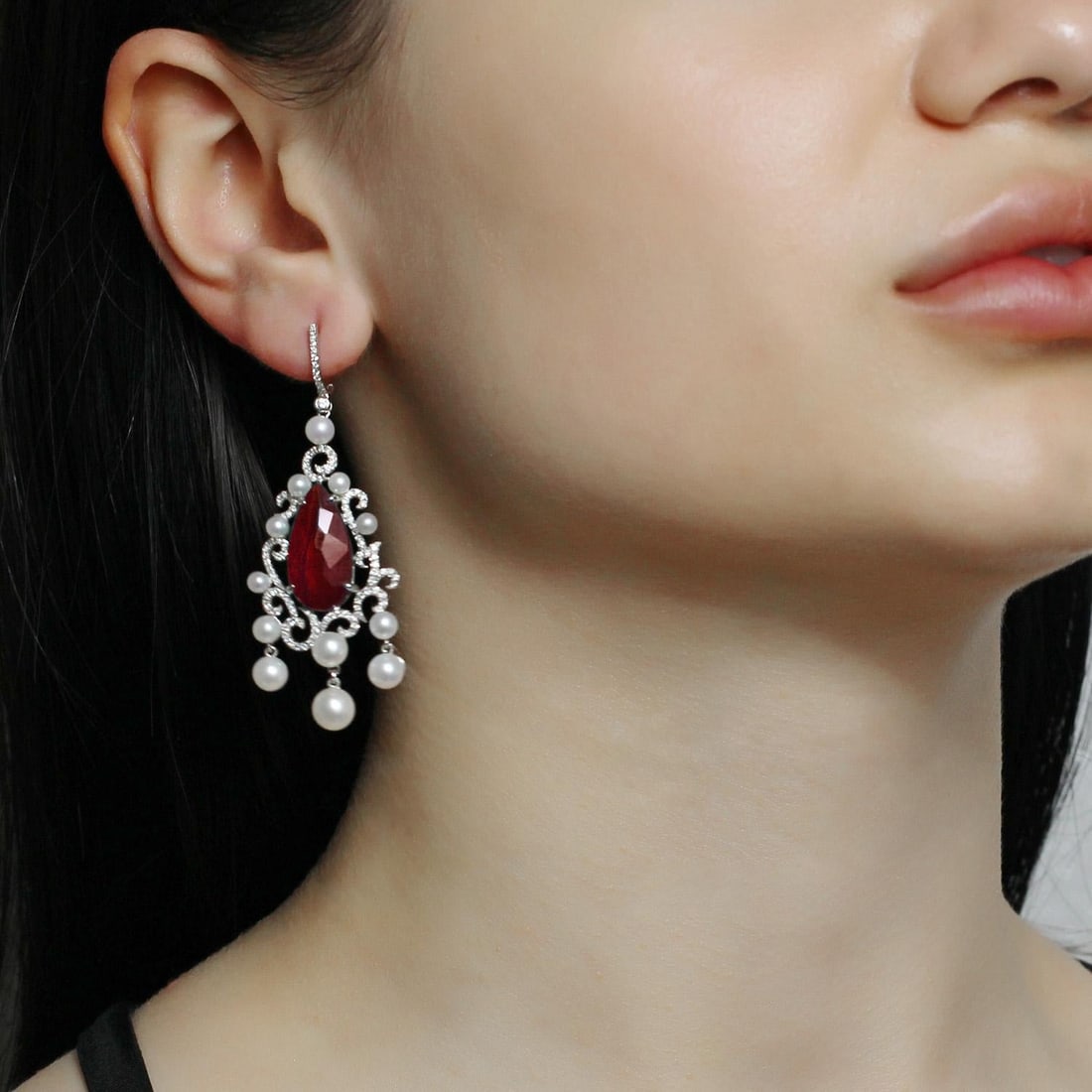 Natkina Pearl Ruby Diamond White Gold Baroque Chandelier Drop Earrings - 3