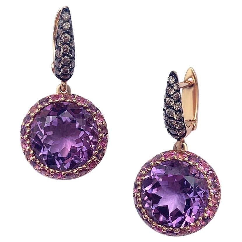 Impressive Pure Amethyst Pink Sapphire Tourmaline Yellow 18 Karat Gold Earrings: Title: Impressive Pure Amethyst Pink Sapphire Tourmaline Yellow 18 Karat Gold Earrings Description: Earrings Yellow Gold 18 K (Matching Ring Available) Diamond 38RND -0,41ct Amethyst 26-9,79ct Pink Sa