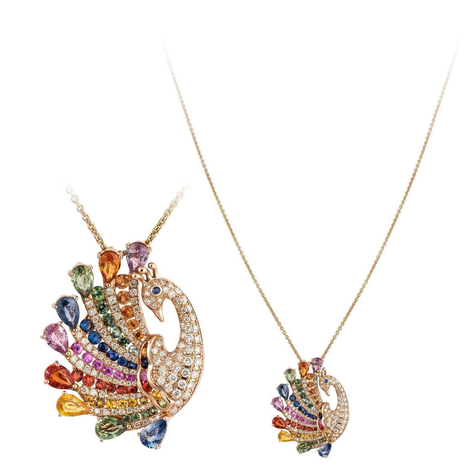 Colourful Sapphire 18k Diamond Rose Gold Rainbow Peacock Necklace for Her: Title: Colourful Sapphire 18k Diamond Rose Gold Rainbow Peacock Necklace for Her Description: Necklace Rose Gold 18 K Diamonds 1.01 Cts/116 Pcs Multi Sapphire 5.88 Cts/56 Pcs Weight 12.45 grams