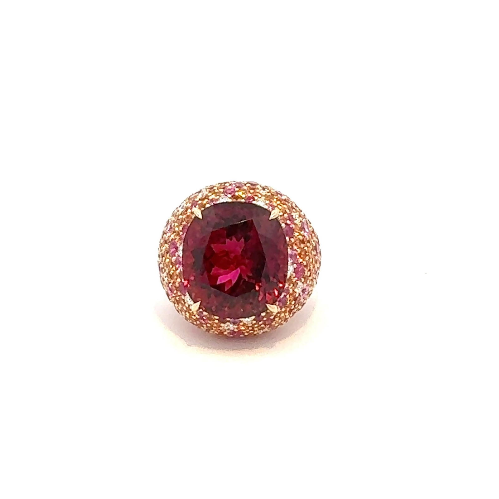 Sensational Ruby Sapphire Diamond 18K Yellow Gold Ring For Her: Title: Sensational Ruby Sapphire Diamond 18K Yellow Gold Ring For Her Description: Ring 18K Yellow Gold Ruby 1.80 ct Pink Sapphire 1.20 ct Diamonds 0.42 ct Rubelite 23.06 ct Orange Sapphire 5.55 ct We