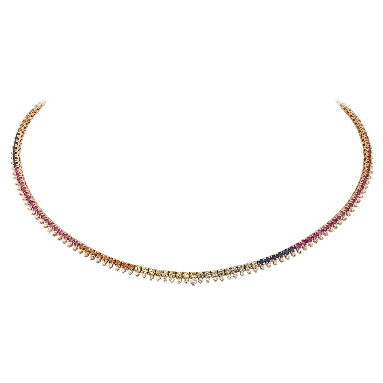 Fashionable Circle Multi Sapphire 18k Pink Gold Necklace Choker for Her: Title: Fashionable Circle Multi Sapphire 18k Pink Gold Necklace Choker for Her Description: Necklace Pink Gold 18 K Diamond 0.81 Cts/103 Pcs Multi Sapphire 4.48 Cts/ 103 Pcs Weight 12,84 grams With a