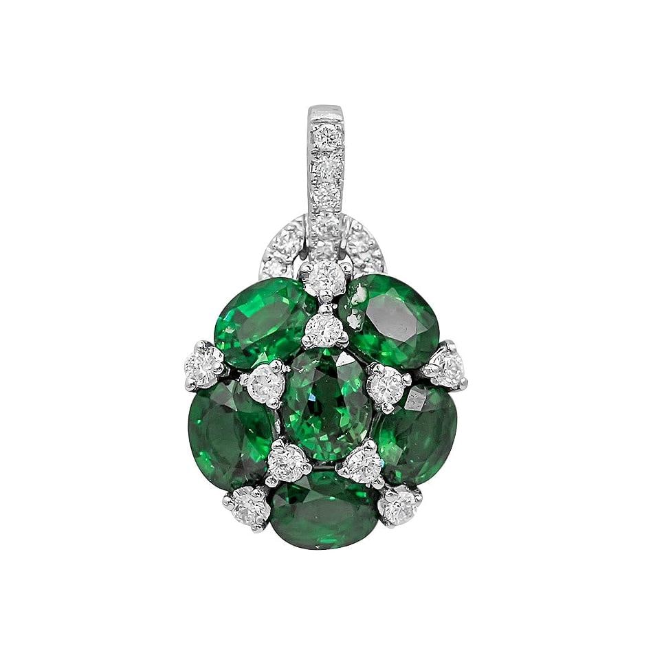 Emerald White Diamond White Gold Statement Pendant: Title: Emerald White Diamond White Gold Statement Pendant Description: White Gold 14K Pendant (Matching Earrings and Ring Available) Diamond 10-RND-0,12-G/VS1A Diamond 5-RND-0,03-G/VS1A Emerald 6-1,99