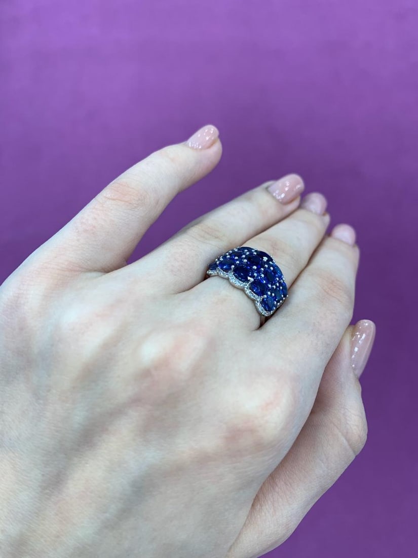 Rare Blue Sapphire White Diamond Dome White Gold Rare Ring - 11