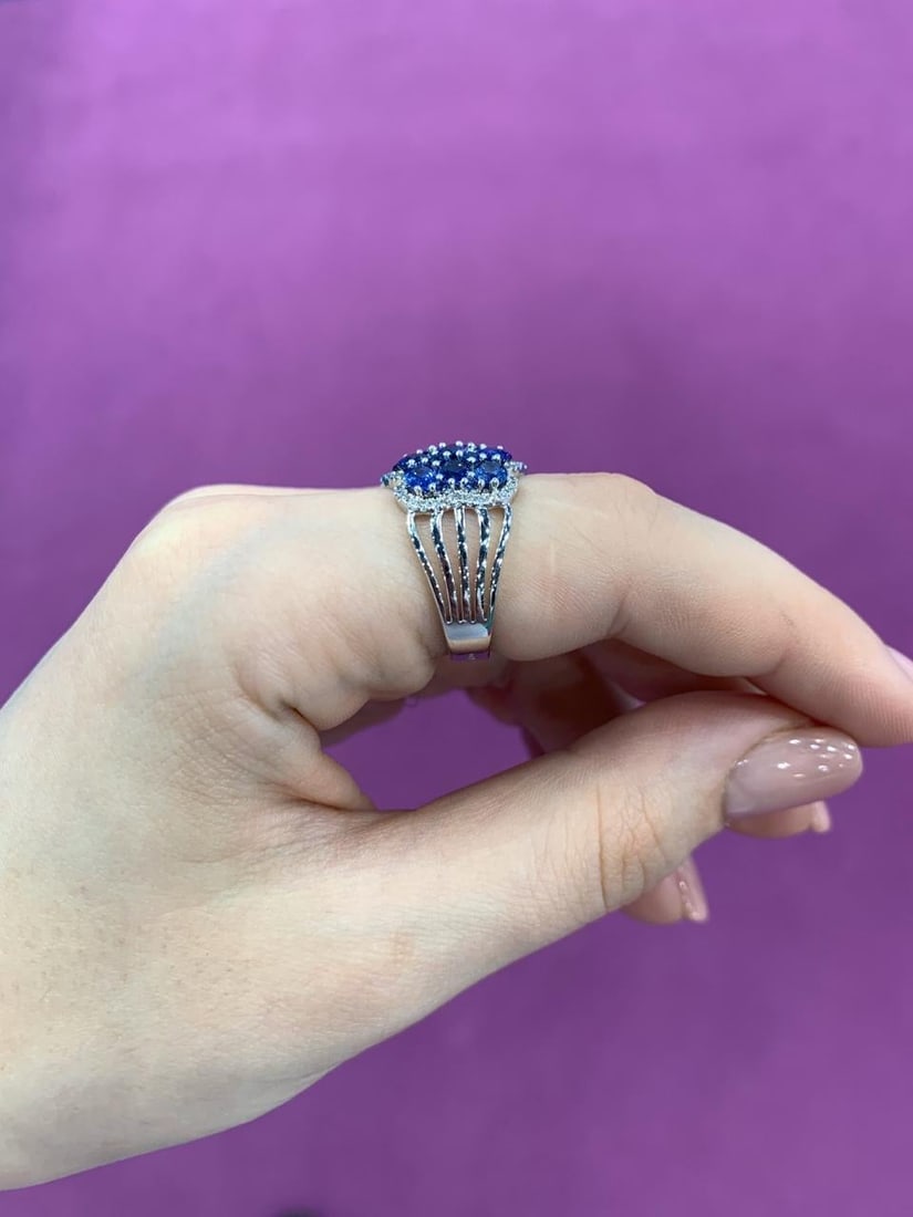 Rare Blue Sapphire White Diamond Dome White Gold Rare Ring - 4