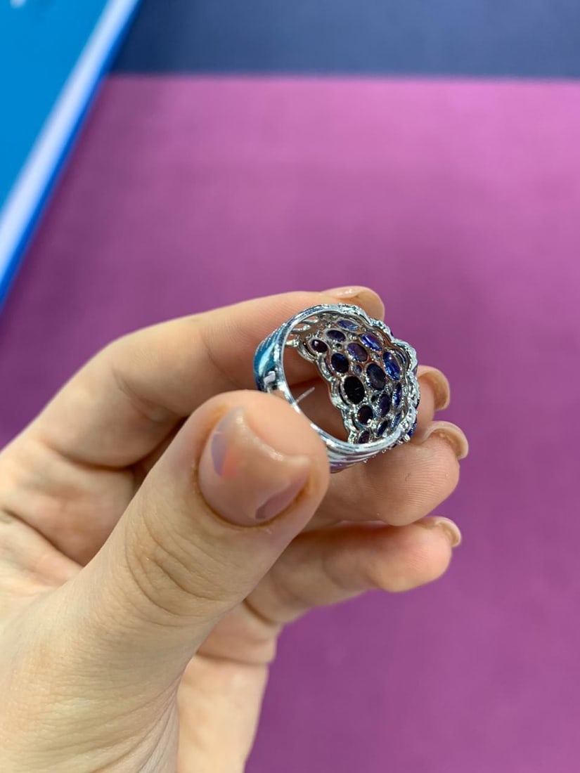 Rare Blue Sapphire White Diamond Dome White Gold Rare Ring - 8