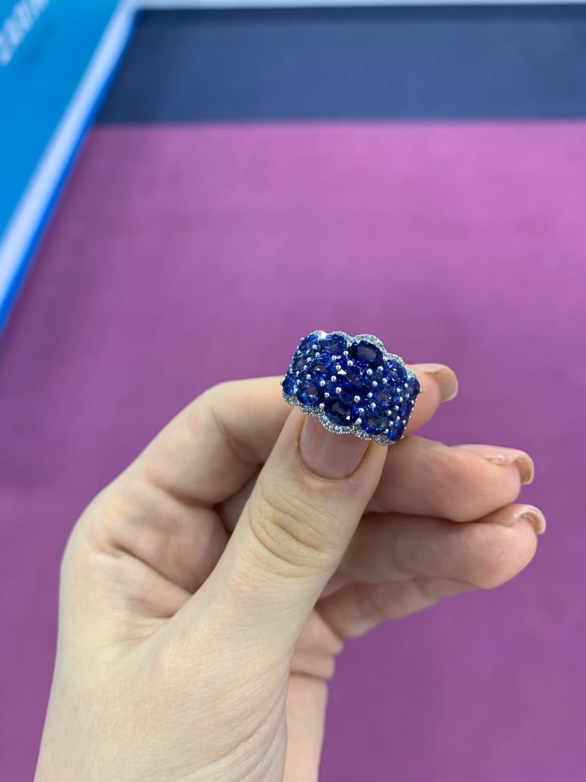 Rare Blue Sapphire White Diamond Dome White Gold Rare Ring - 9