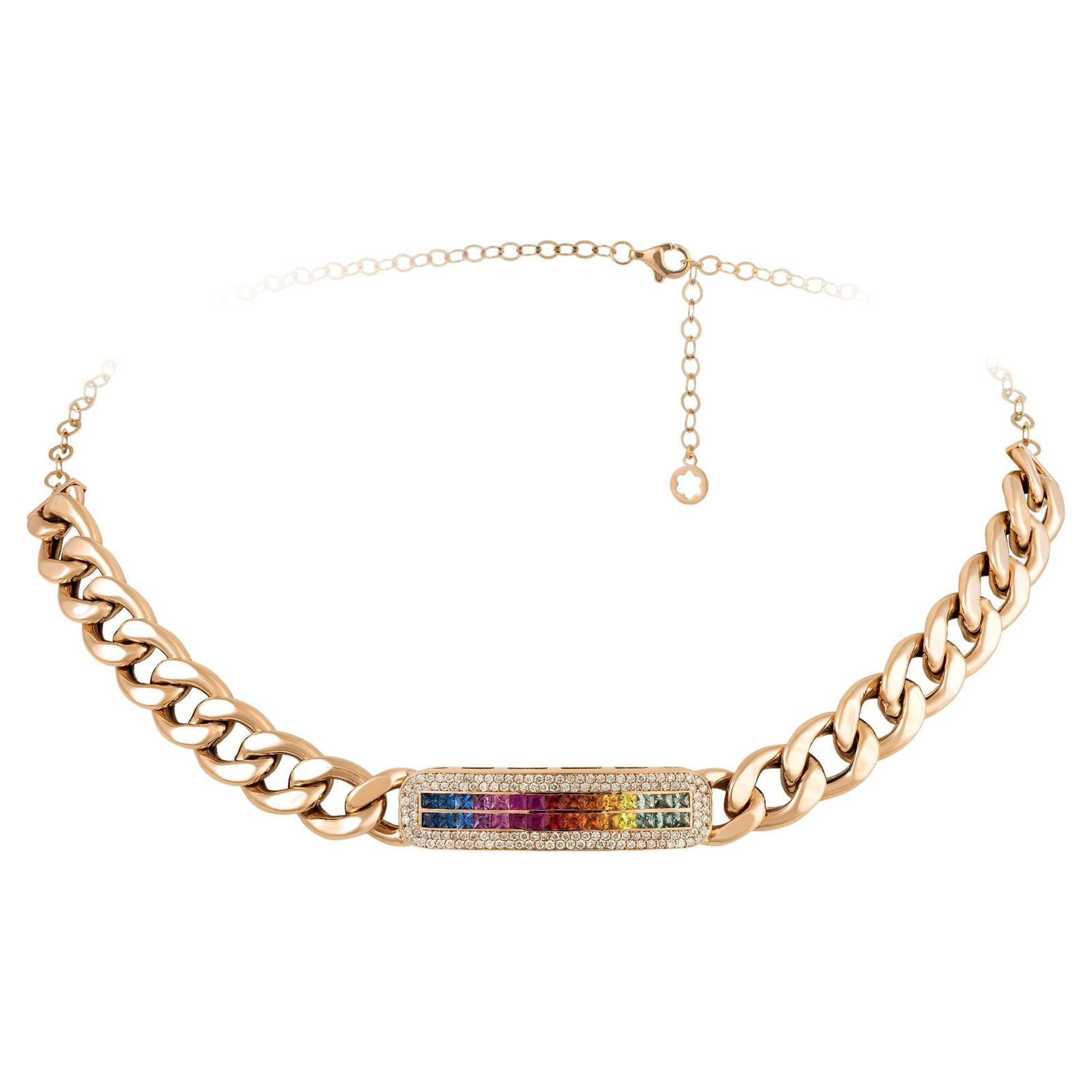 Chain Pink Gold 18K Multi Sapphire Necklace Diamond For Her: Title: Chain Pink Gold 18K Multi Sapphire Necklace Diamond For Her Description: NECKLACE 18K Pink Gold Diamond 0.57 Cts/139 Pcs Multi Sapphire 2.01 Cts/30 Pcs Reserve: $3,236.00 Shipping: Domestic: