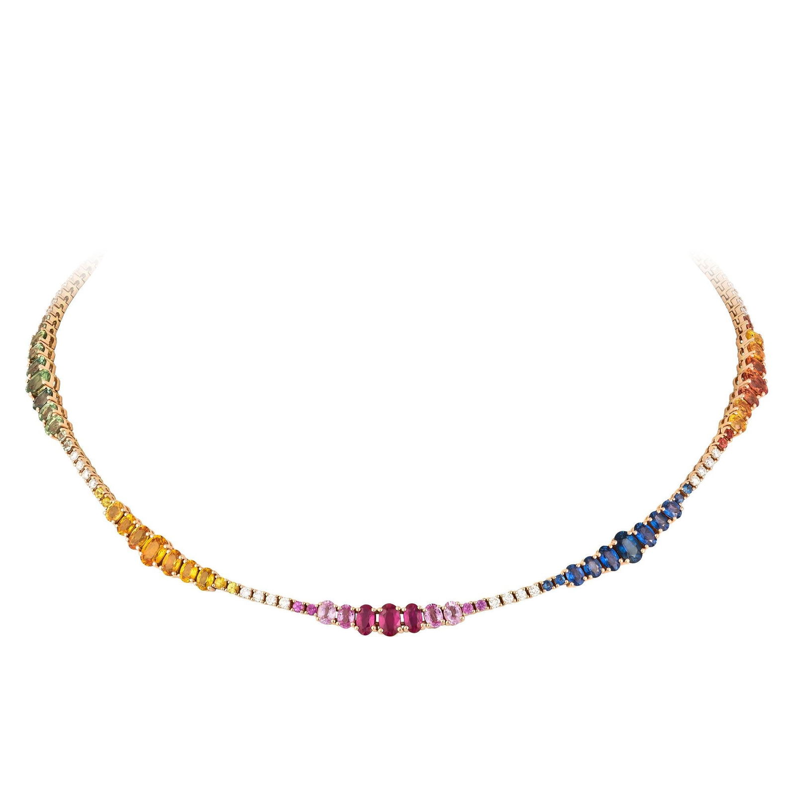 Impressive Ruby Multi Sapphire Diamond 18 Karat Rose Gold Necklace for Her: Title: Impressive Ruby Multi Sapphire Diamond 18 Karat Rose Gold Necklace for Her Description: NECKLACE 18K Rose Gold Diamond 0.93 Cts/38 Pcs Multi Sapphire 11.35 Cts/52 Pcs Ruby 1.11 Cts/3 Pcs With