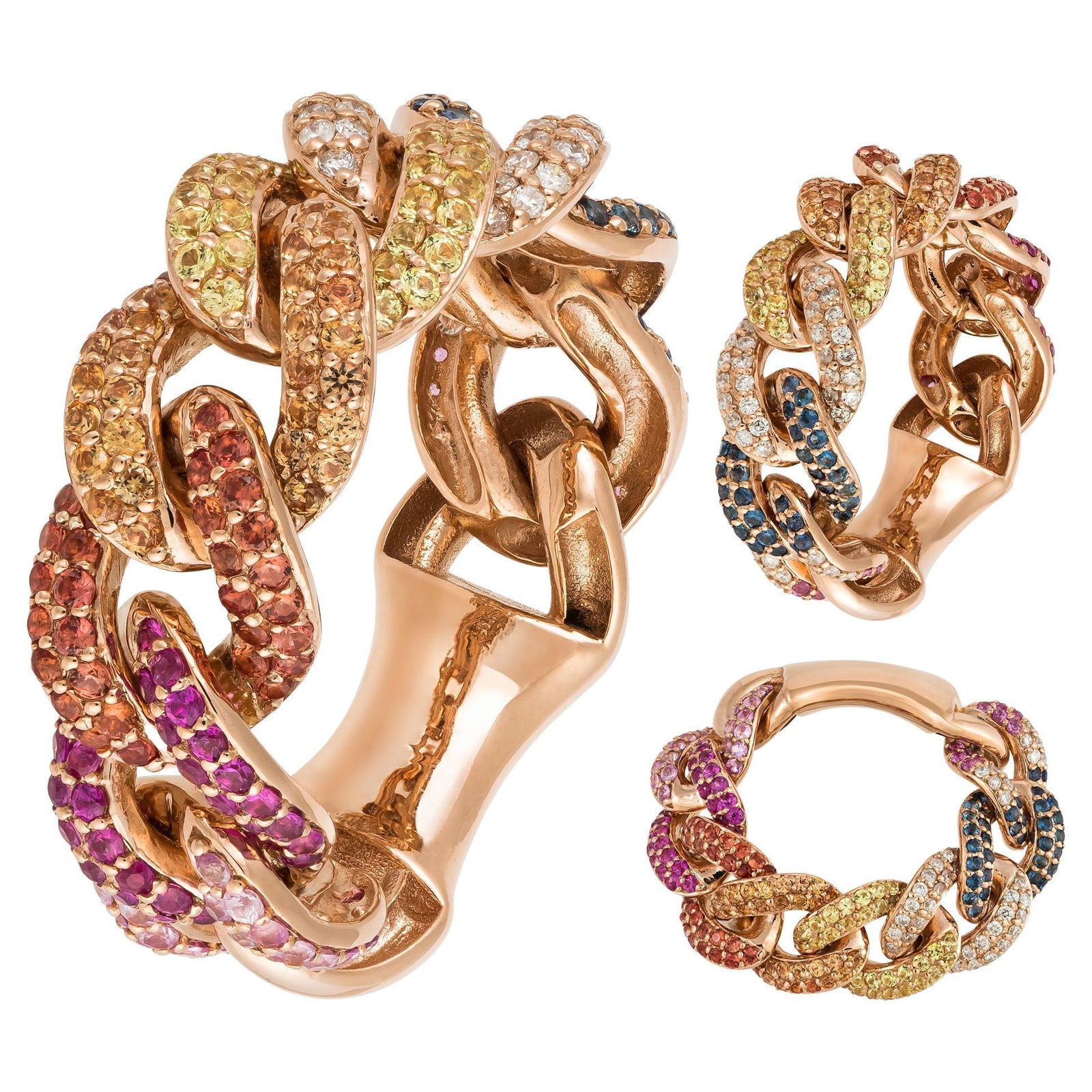 Chain Pink 18K Gold Multi Sapphire Ring for Her: Title: Chain Pink 18K Gold Multi Sapphire Ring for Her Description: RING 18K Pink Gold Diamonds 0.17 Cts/40 Pcs Multi Sapphire 1.45 Cts/200 Pcs Reserve: $1,708.00 Shipping: Domestic: Flat-rate