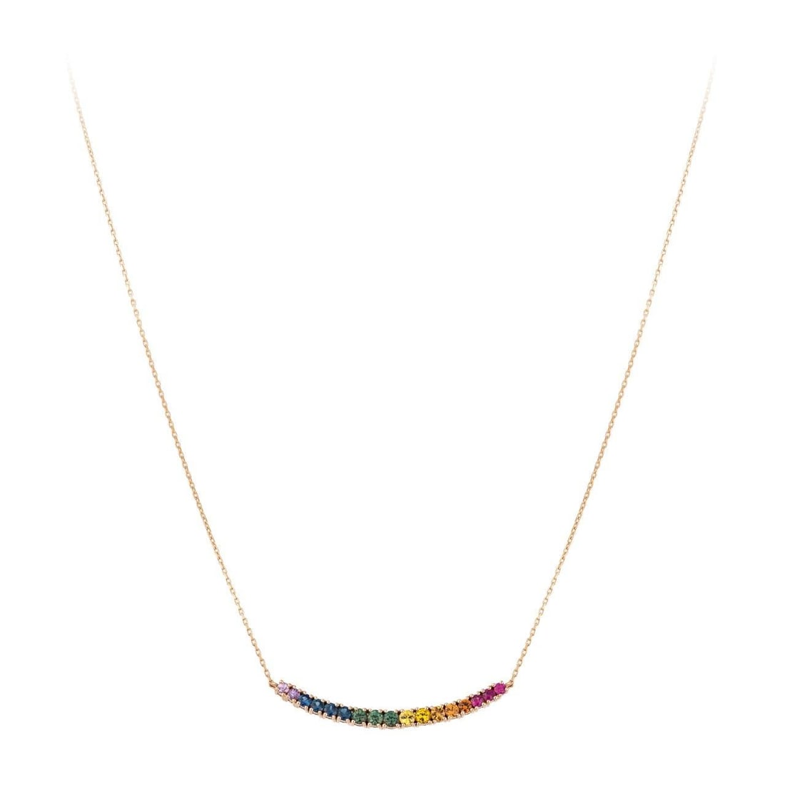 Cute Colourful Multi Sapphire Diamond Gold Necklace for Her: Title: Cute Colourful Multi Sapphire Diamond Gold Necklace for Her Description: Necklace Pink Gold 18 K Multi Sapphire MS 1.30 Cts/17 Pcs Weight 3.85 grams With a heritage of ancient fine Swiss jewelr